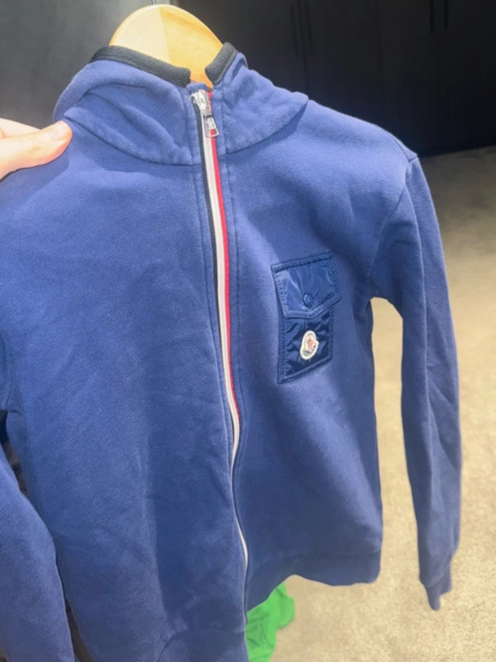 Moncler small Navy Zip Hoodie with Tricolor Zip